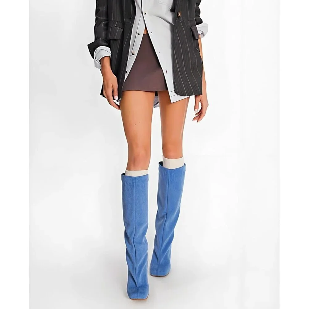 Women's Blue Wide Calf Square Toe Stiletto Heels Knee High Suede Boots